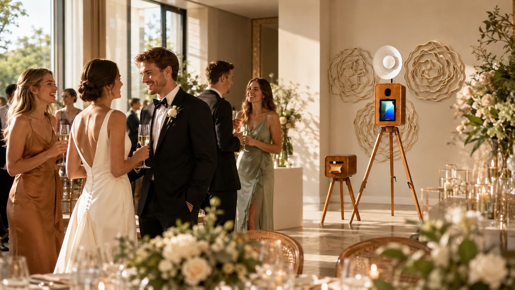 Guests enjoying a luxury open-air wedding photo booth experience in Tampa Bay.