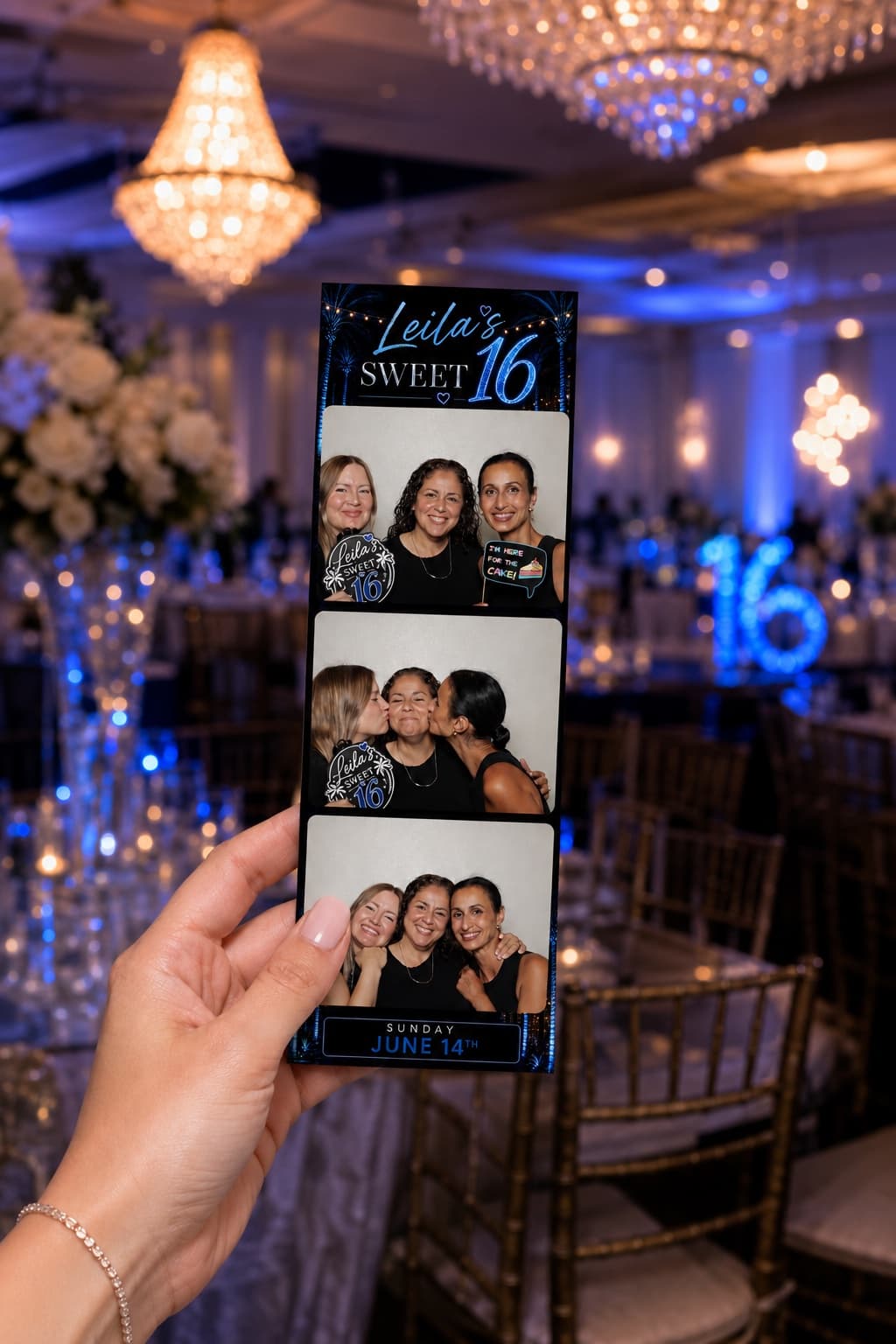 Printed wedding photo strips from Firstlight Photobooth held by guests during a Tampa Bay Sweet 16 party.